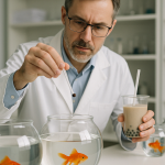 Scientist feeds boba balls to a goldfish.