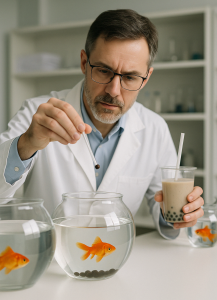 Scientist feeds boba balls to a goldfish.