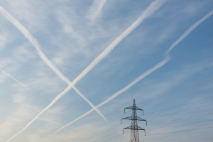 Powerlines sky with "chemtrails"