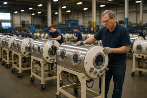 Factory workers hone their ancient work of constructing tiny iron lungs.