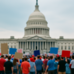 red and blue protestors outside the capitol