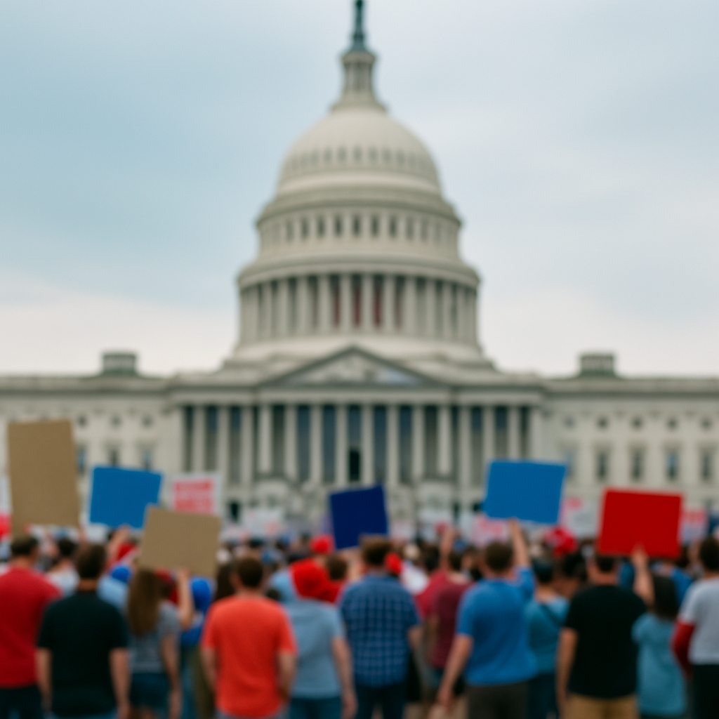 red and blue protestors outside the capitol