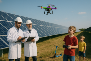 Timmy flying a toy drone over the solar panels.