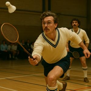 Three badminton players lunging indoors with intense focus