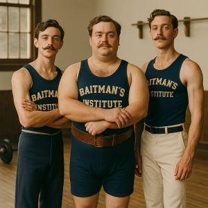 Weight lifting chaps with mustaches.