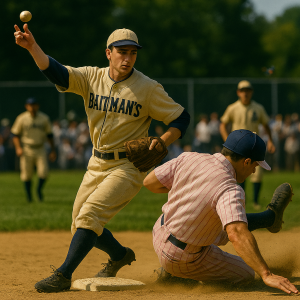 Baseball action shot with player sliding into second base