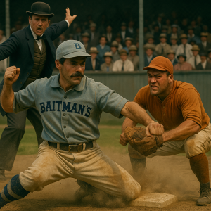 baitman's stickball boy makes a manly slide into the base, called safe by bowler hat wearing umpire