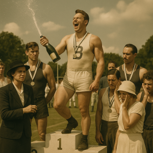 Vintage athlete on first-place podium spraying champagne