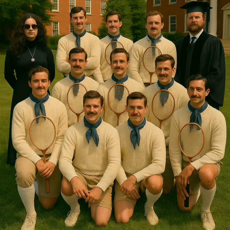 Badminton team photo with goth coach and shuttlecocks