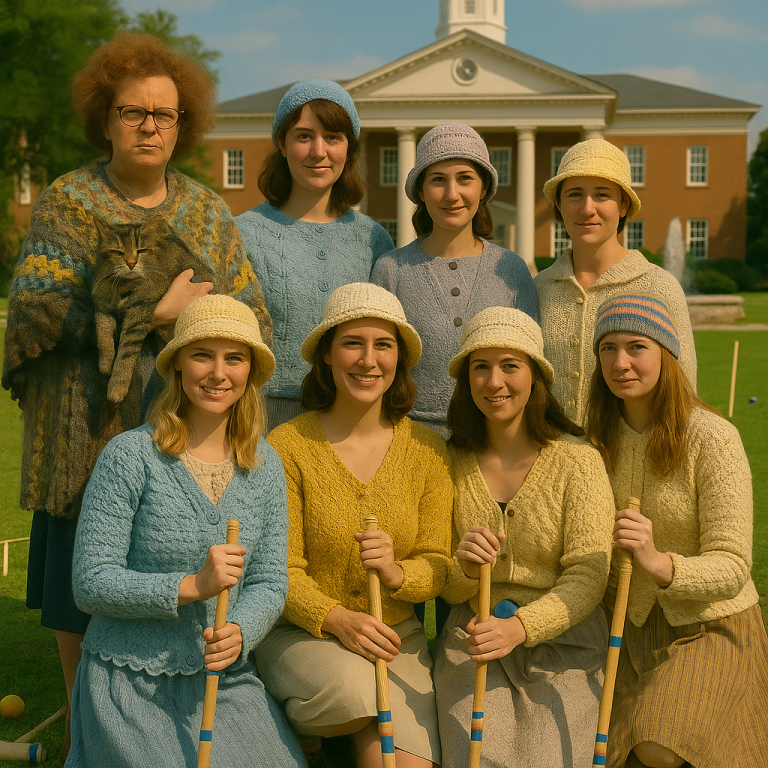 Ladies’ Crochet Croquet Guild team posing in vintage dresses