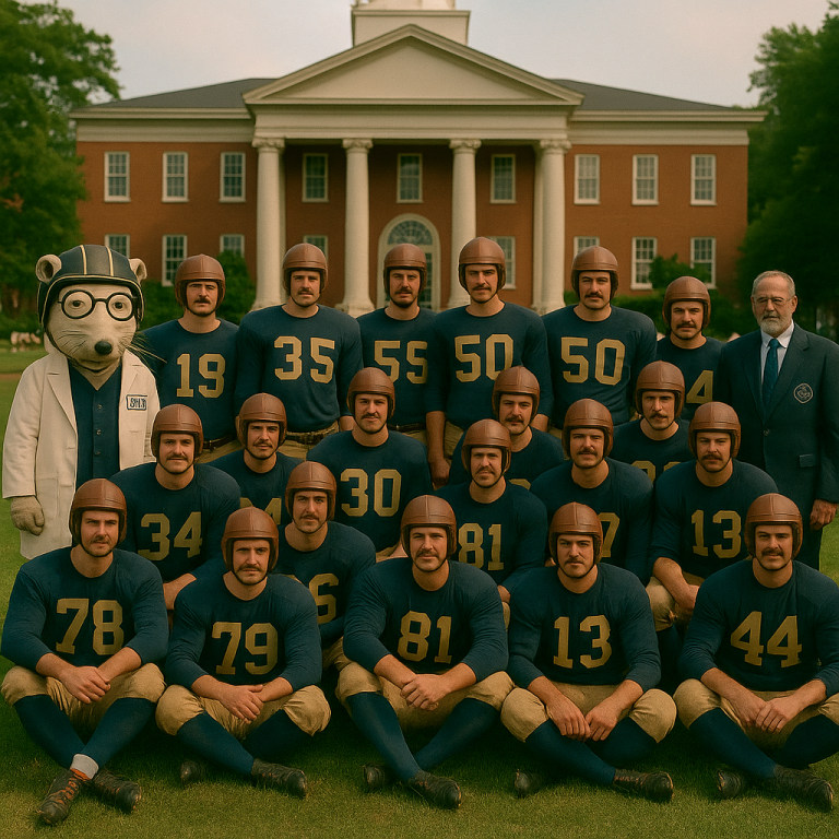 Footballer Club official team photo in front of campus building