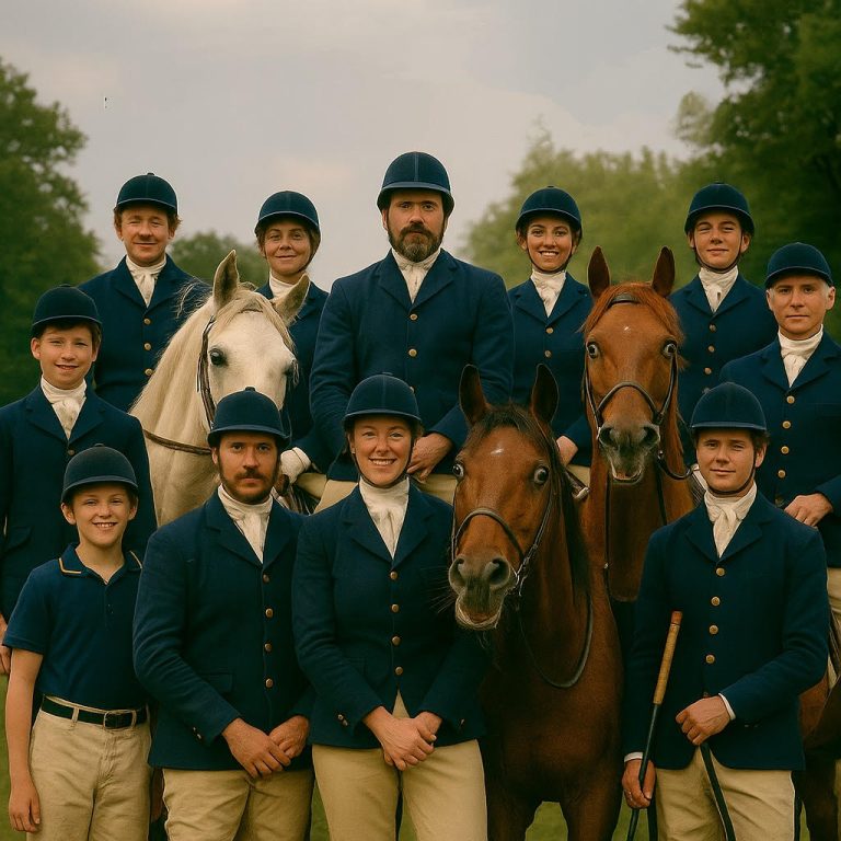 Vintage polo team photo in navy uniforms with horses