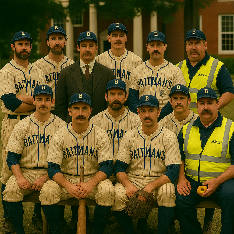 Stick Ball Club group photo with coach Carl in security vest