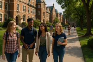 Students walking around campus