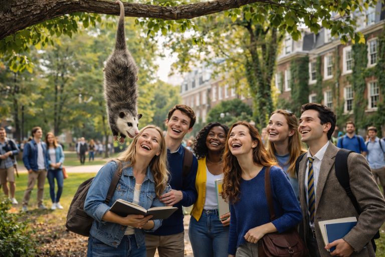 Admiring a possum hanging by its tail from a tree.