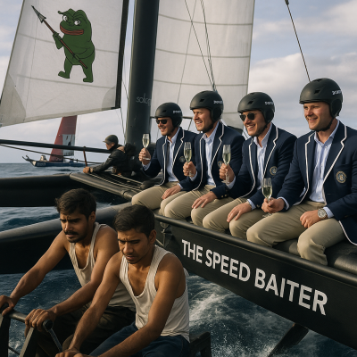 Baitman’s entry in the annual SailGBP race—The Speed Baiter—combines cutting-edge design, imported labor, and sparkling wine at 40 knots.